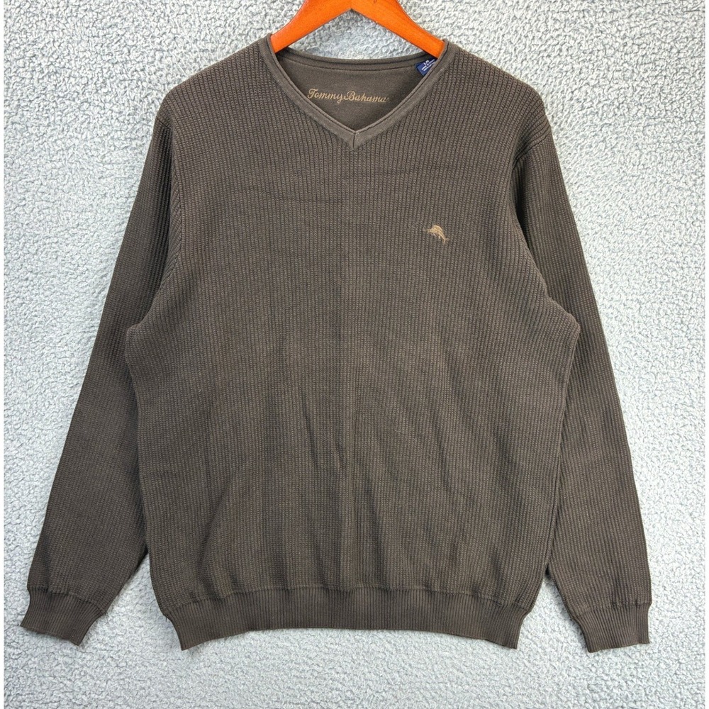 Tommy Bahama Ribbed V-Neck Sweater Mens L Brown Knit Casual Fall Cozy